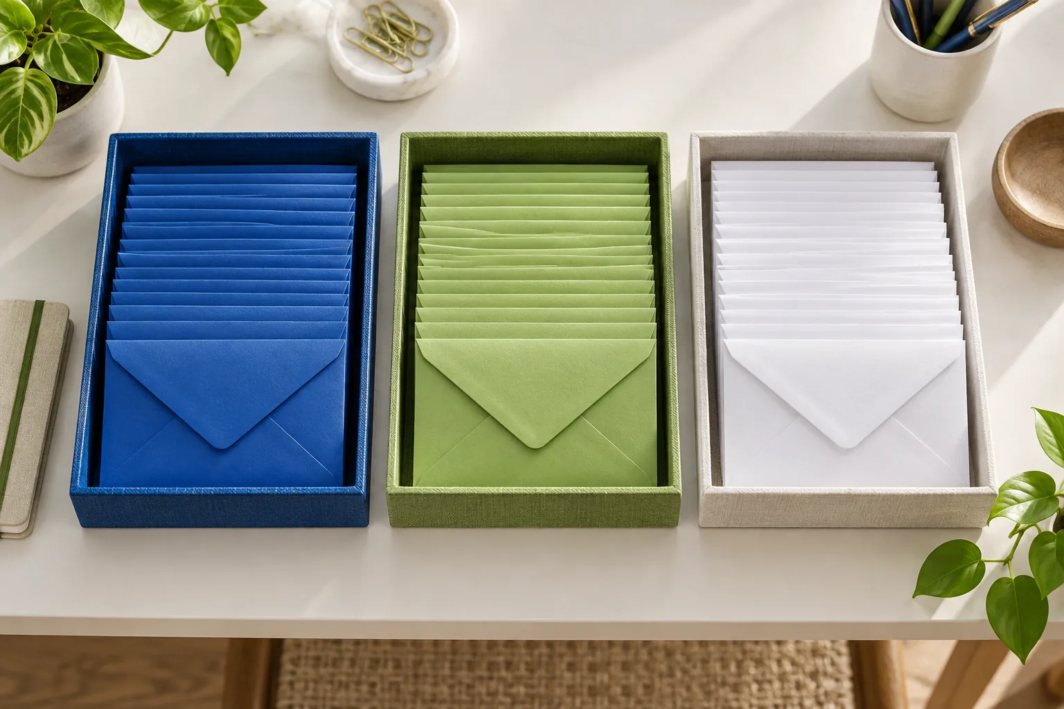 Blue, green and white envelopes organized into three sorting trays