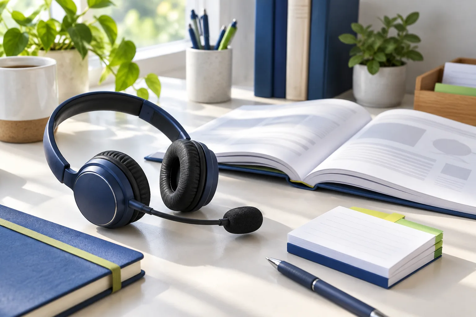 Customer-support headset beside an open handbook and organized note cards