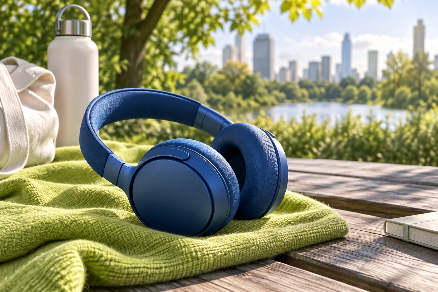 Blue wireless headphones on lime fabric on a sunlit park bench