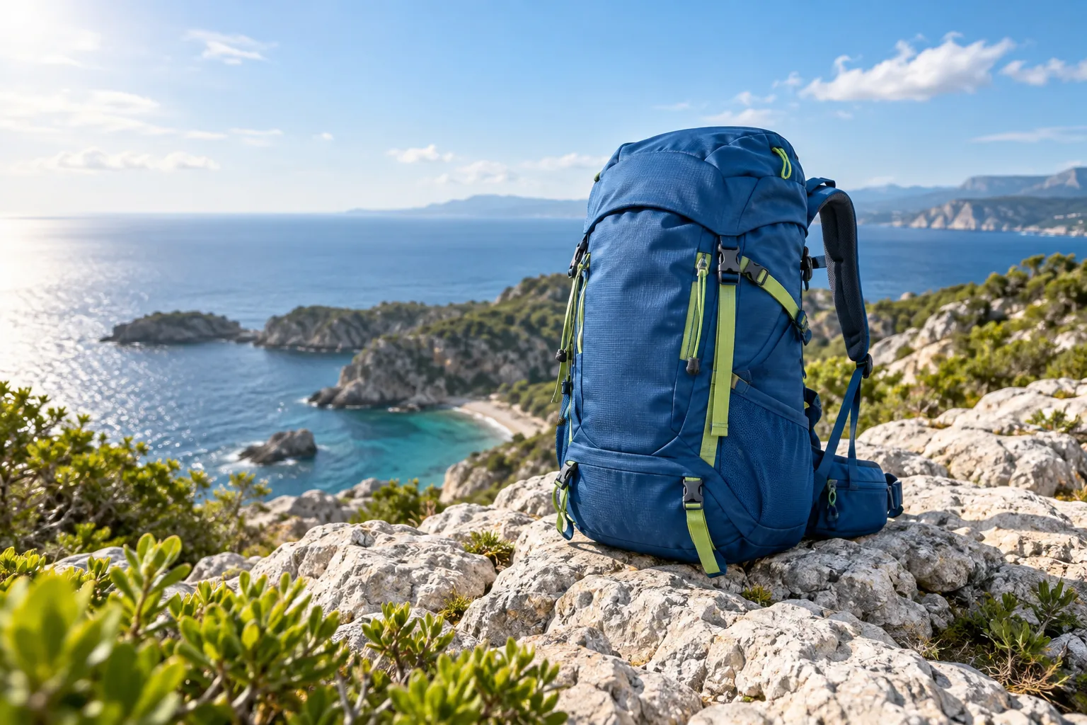 Blue backpack on coastal rocks beneath an open sky with green foliage