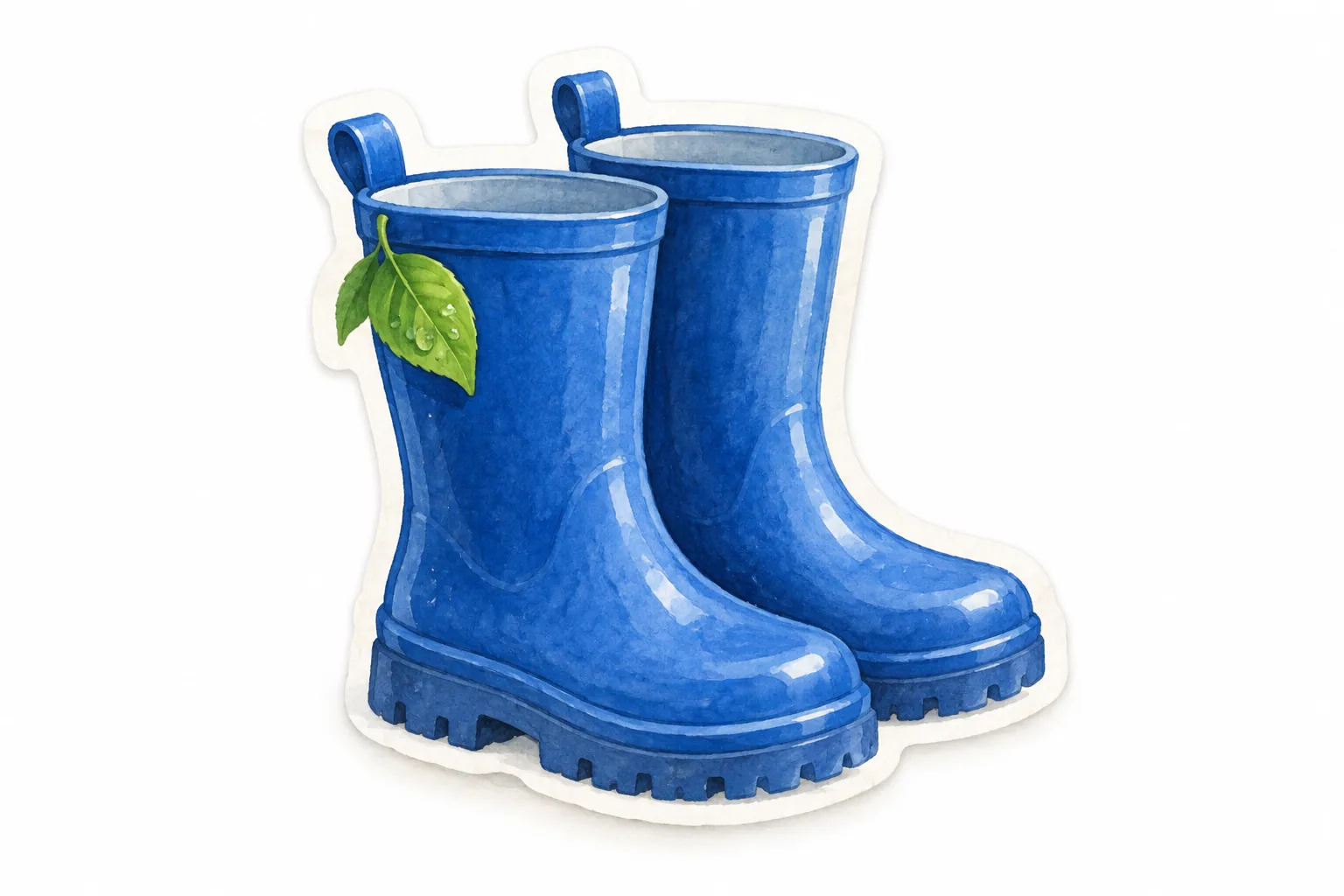A pair of blue rain boots as a sticker with green leaves on a white background