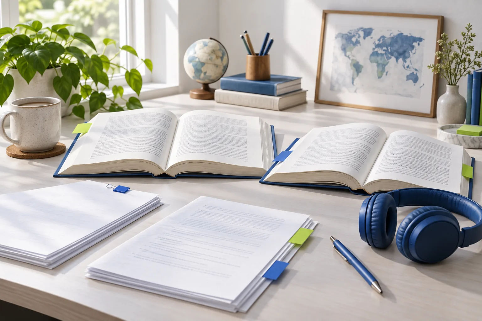 Translator's desk with two books, manuscript sheets, headphones and colored tabs