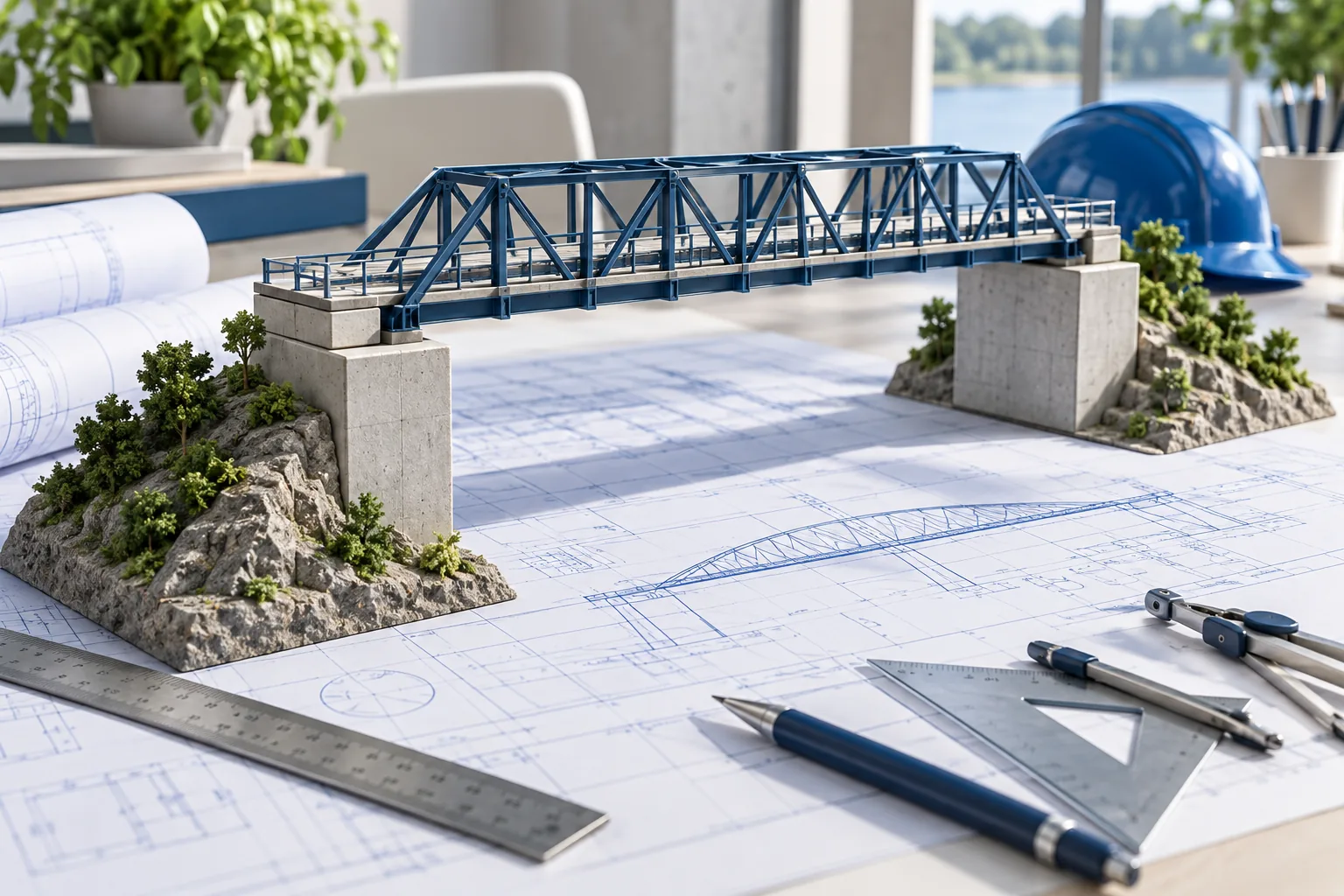 Modular bridge scale model with blueprints and engineering tools