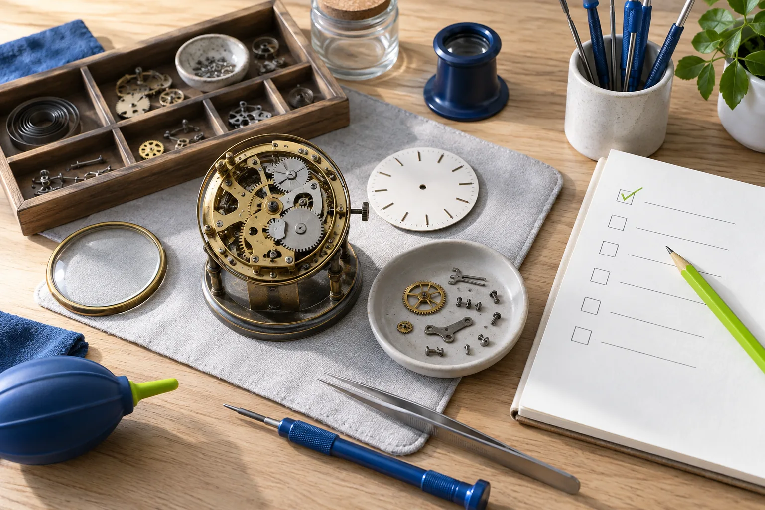 Mechanical clock assembly with organized gears and tools on a maker's workbench