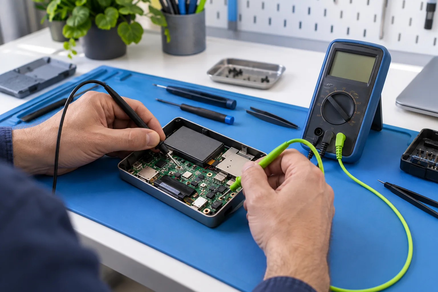 Technician using a meter to inspect an electronic device on a blue work mat