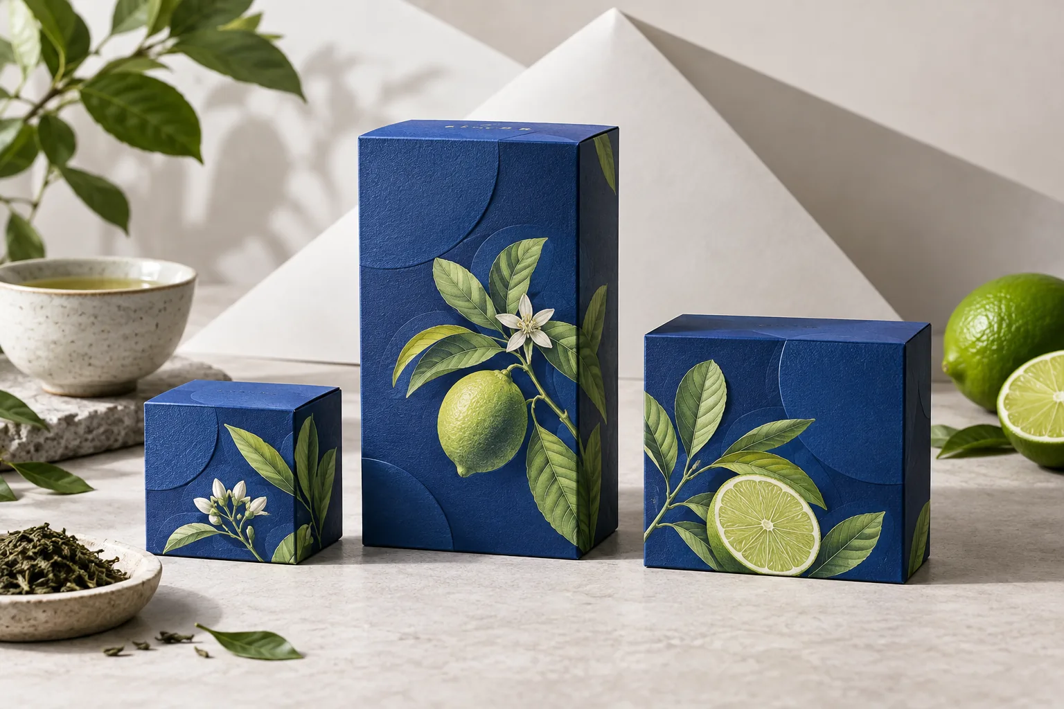 Three blue tea-packaging boxes with lime botanical graphics on folded paper