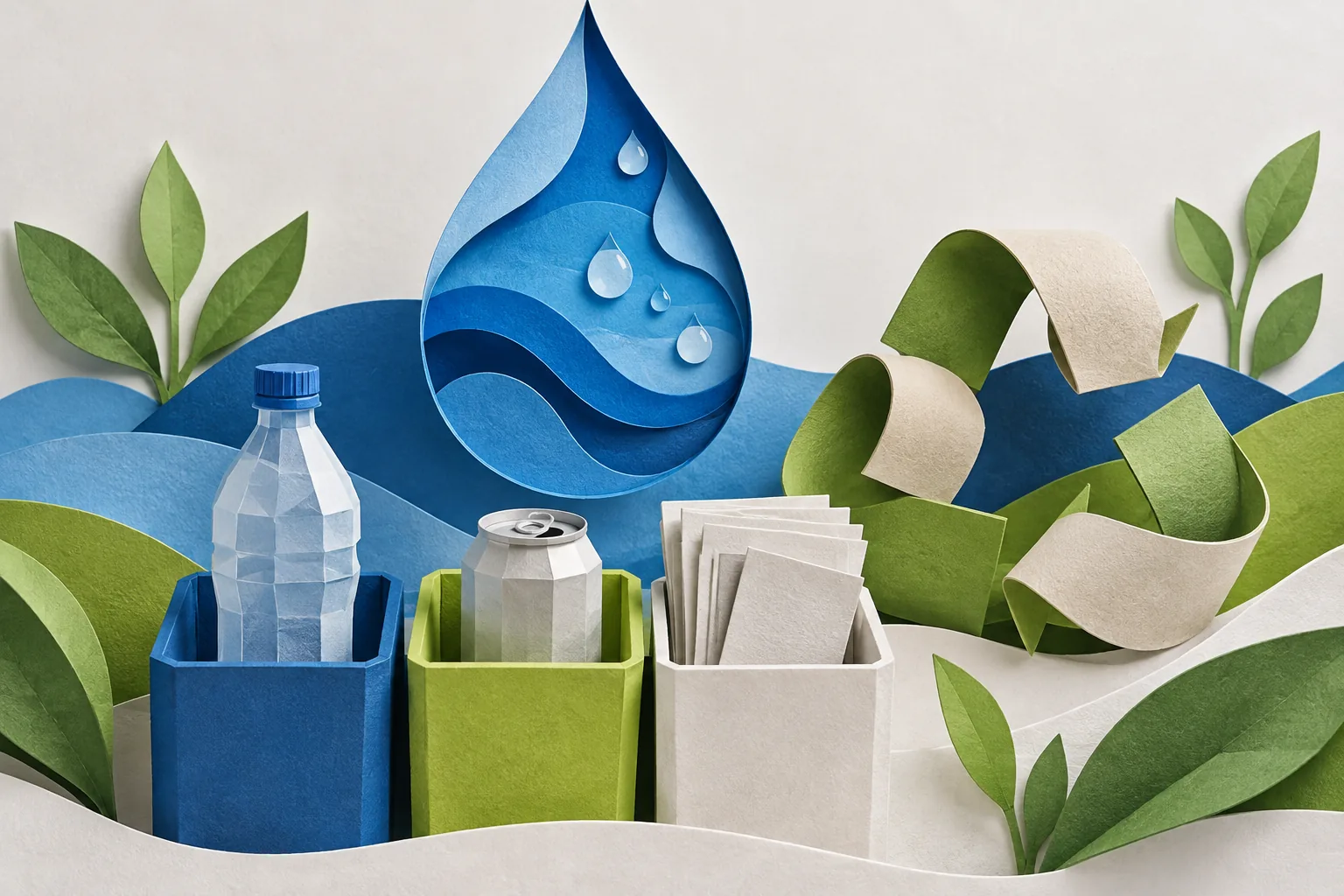 Paper-cut recycling composition with a water motif, sorted materials and recycled-paper forms