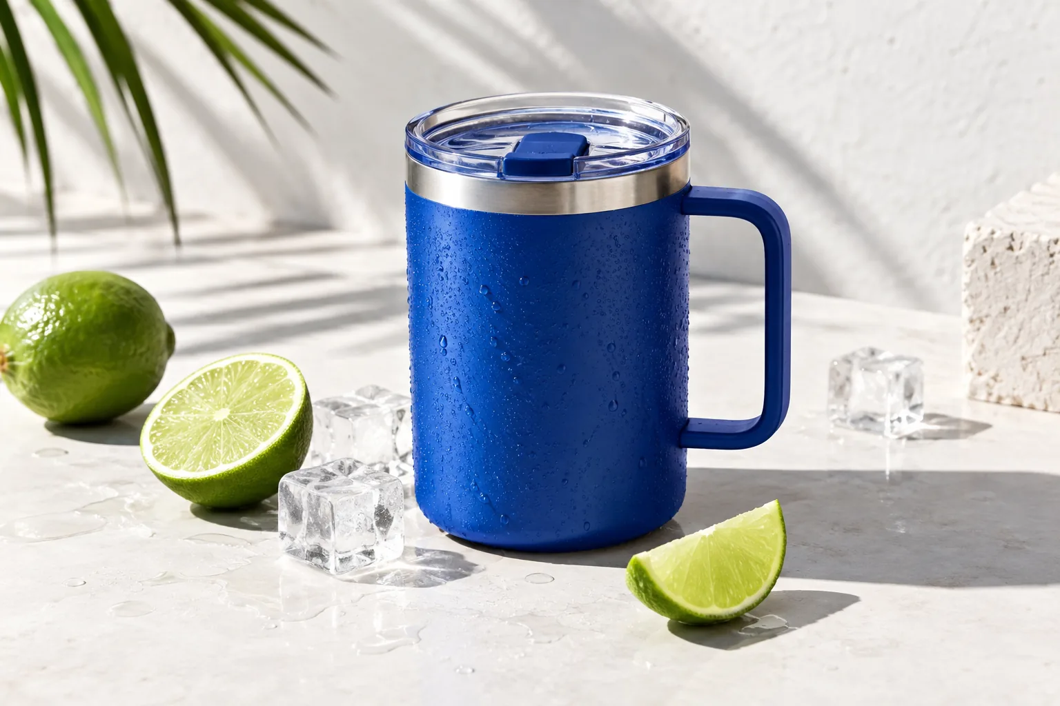 Blue travel mug, lime slices and ice in a bright summer still life