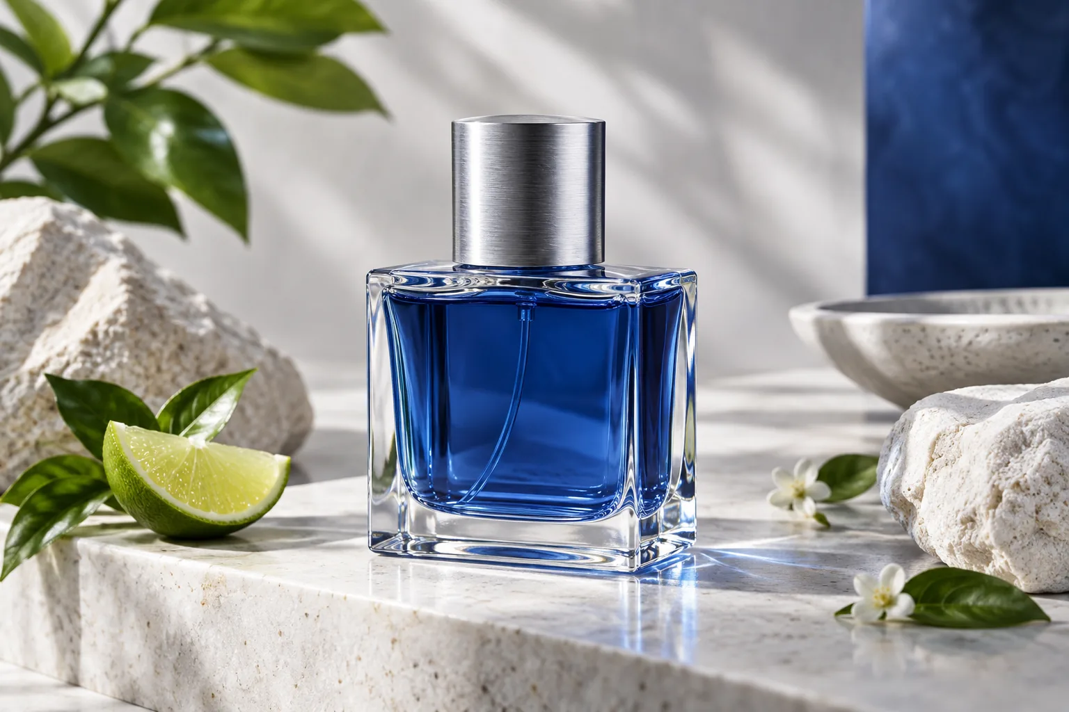 Perfume bottle with a brushed-silver cap in controlled macro lighting