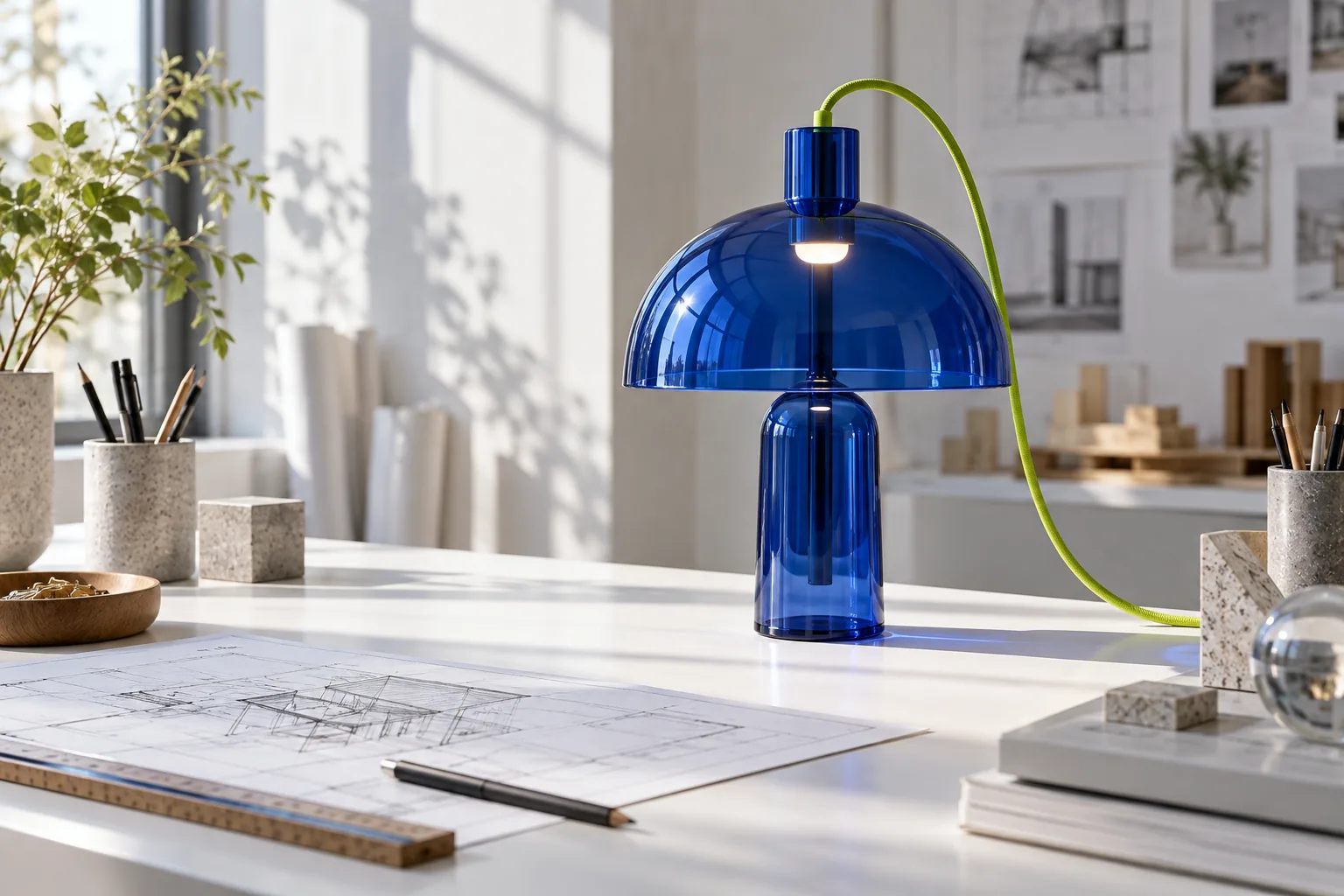 Transparent blue desk lamp with a lime cable and defined studio shadows