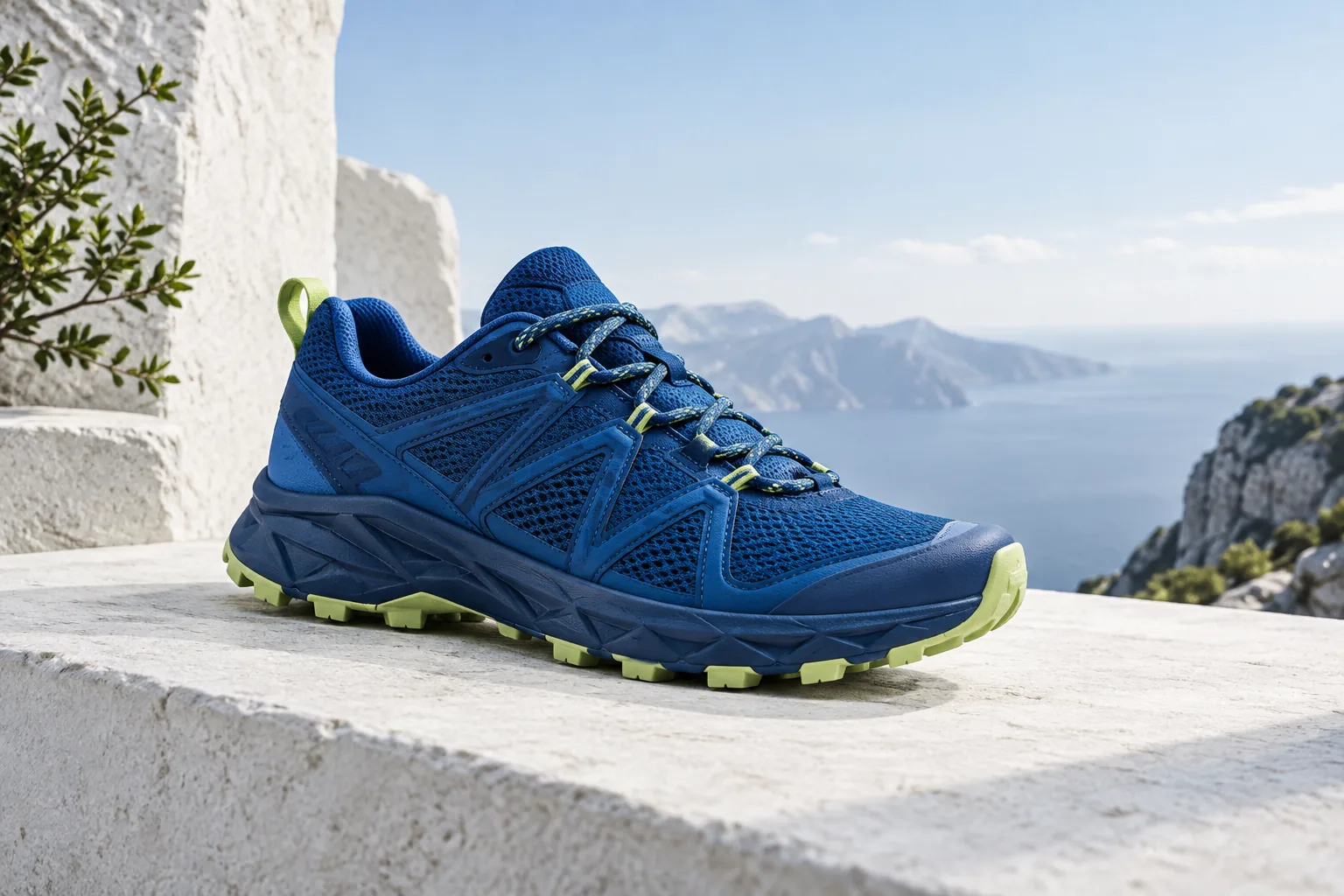 Blue trail sneaker with textured mesh on a pale ledge above a coastal landscape