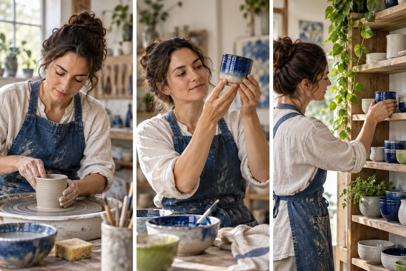 Pottery-workshop triptych showing an artisan making, inspecting and shelving a blue cup